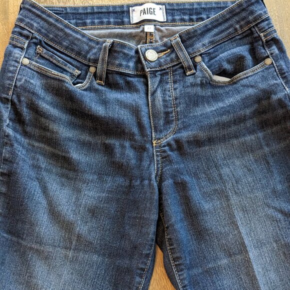 PAIGE, Dark Wash Distressed Skyline Boot Cut Low Rise Denim Blue Jeans, Size 27 - Picture 4 of 11